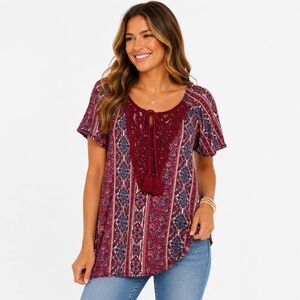 Tru Self Boho Peasant Blouse Large Tassel Crochet Burgundy